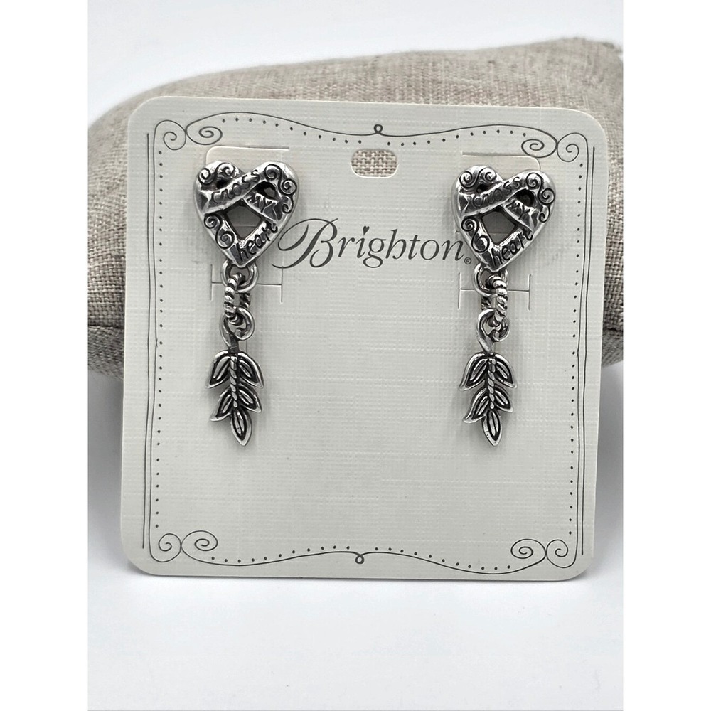 Brighton Cross My Heart Silver Tone Heart Leaf Drop Earrings Post Back